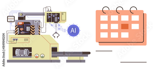Industrial machine with AI integration connected to a productivity calendar system. Ideal for automation, AI, scheduling, productivity, technology, process optimization, task management. Simple flat