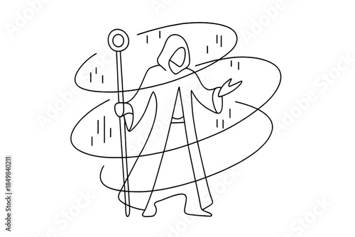 Cyber Sorcerer Illumination. "Cyber sorcerer surrounded by data-light spell". Minimalistic one-line drawing