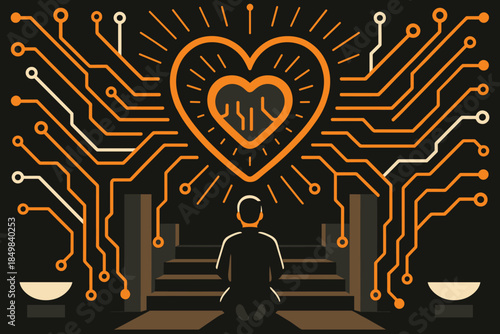 Digital Heart Shrine. Circuit-heart sanctuary. The shrine reveals a beating digital heart, pulses traveling