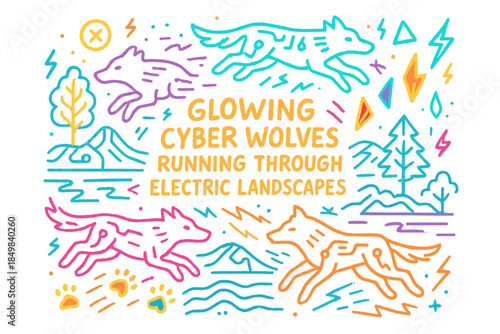 Cyber Wolves Odyssey. Glowing cyber wolves running through electric landscapes. Hand-drawn doodle illustration