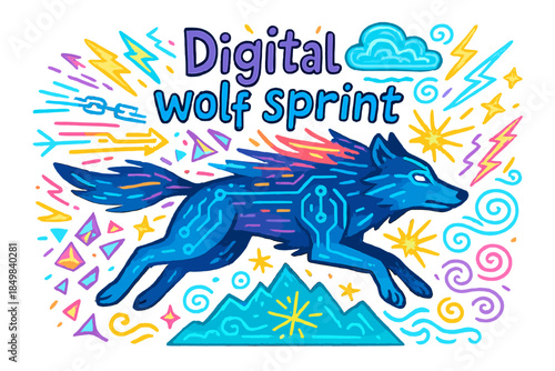 Digital Wolf Sprint. Digital wolf sprint. Hand-drawn doodle illustration of Digital wolf sprint. Cyber wolves,