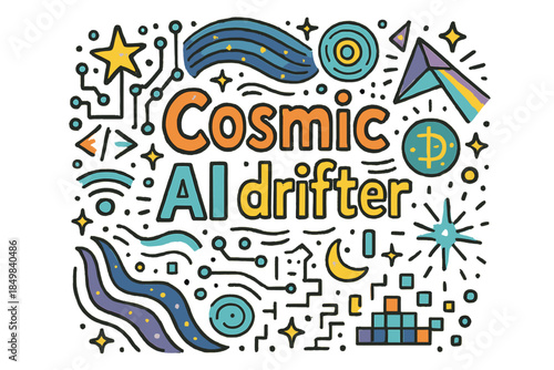 Cosmic AI Drifter. Cosmic AI drifter. Hand-drawn doodle illustration of Cosmic AI drifter. Floating digital