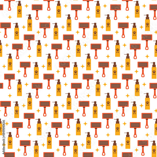 Daily pet care seamless pattern with grooming shampoo, slicker brushes, spark stars for textiles
