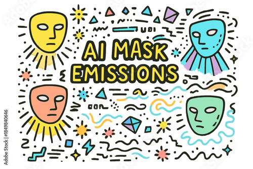 AI Mask Emissions Doodle. AI mask emissions. Hand-drawn doodle illustration of AI mask emissions. Floating