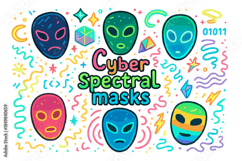 Cyber Spectral Masks. Cyber spectral masks. Hand-drawn doodle illustration of Cyber spectral masks. Floating