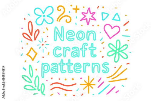 Vibrant Neon Patterns. Neon craft patterns. Hand-drawn doodle illustration of Neon craft patterns. Folk-style