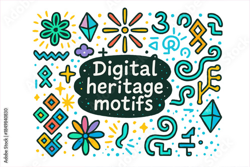 Digital Heritage Motifs. Digital heritage motifs. Hand-drawn doodle illustration of Digital heritage motifs.