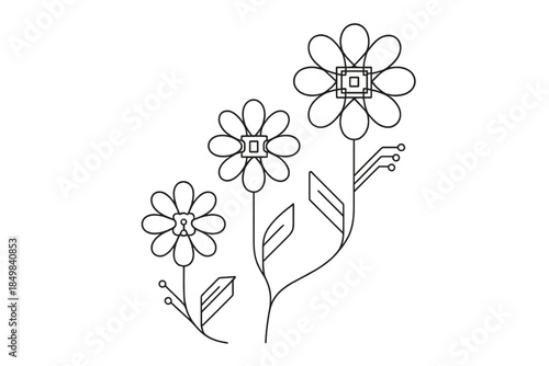 Cyber Floral Embroidery. "Technofloral embroidery blending classic and cyber motifs". Minimalistic one-line