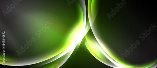 Abstract design features flowing green, white shapes against dark background. Smooth gradients create dynamic visual effect.