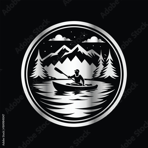 Adventure kayaking logo design.Vector illustration on black background.
Adventure kayaking logo design.kayak on the lake, mountains silhouette in the circle, vector illustration
