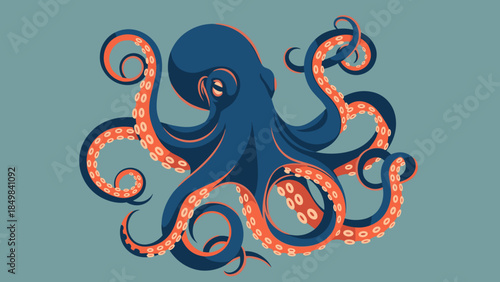 Blue Octopus with Orange Suckers Illustration.