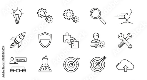 Set of line art icons representing various concepts like idea, search and development