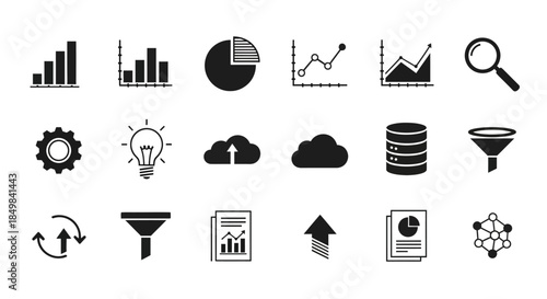Collection of analytical business icons illustrating data analysis and visualization tools