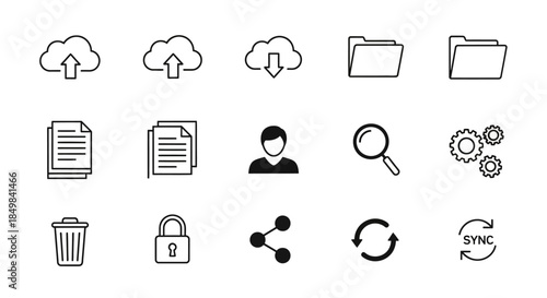 Collection of black line icons representing cloud storage, file management and general computer