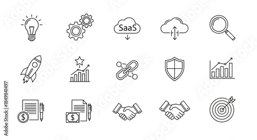 Business Startup Icons Set Representing Innovation Growth Partnership and Target Achievement
