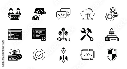 Collection of development operations icons representing software and application building