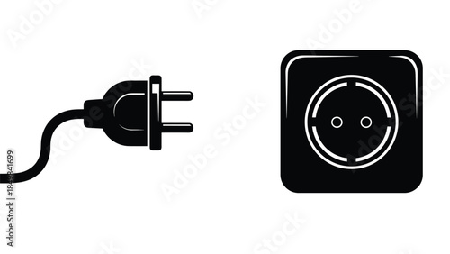 A black plug and socket against a white background