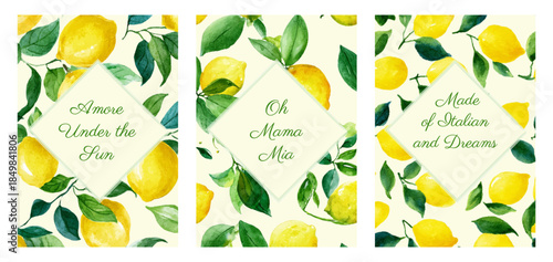 Italian lemon branch pattern with Mediterranean citrus motifs. Vintage Amalfi Coast design featuring fresh lemons, retro ornaments, and summer vibes for postcards or posters.