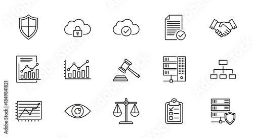 Set of business, finance, legal, and technology icons representing data analysis, compliance, and
