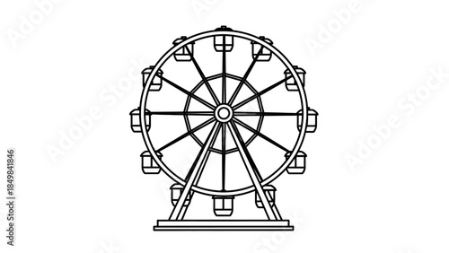 A black and white line drawing of a Ferris wheel with multiple cabins and a central support structure.