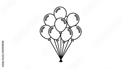 A simple black and white line drawing of a bunch of balloons tied together.