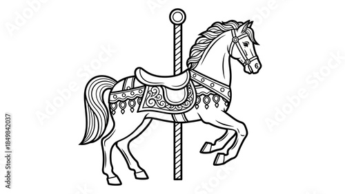 A detailed black and white illustration of a carousel horse, intricately decorated and poised for motion.