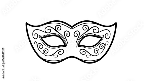 Elegant black and white outline drawing of a masquerade mask with ornate scrollwork.