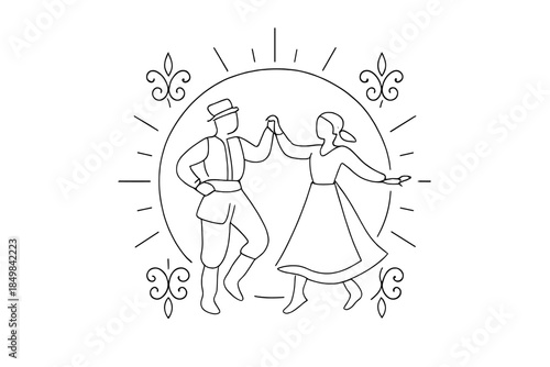 Minimalist Folk Dancers. "Folk dancers surrounded by radiant decorative elements". Minimalistic one-line