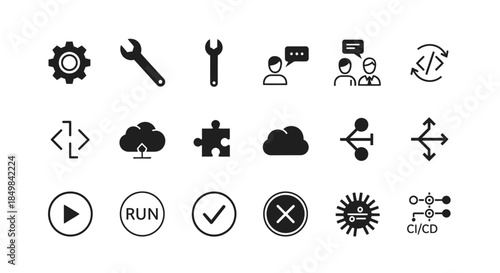 Set of modern flat design icons representing software development and engineering practices