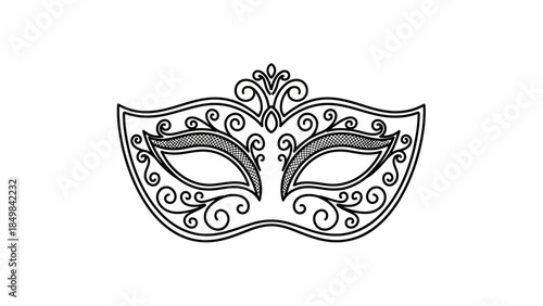 A detailed black and white outline drawing of an elegant masquerade mask with intricate scrollwork and decorative patterns.