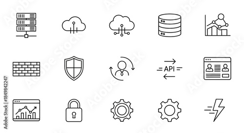 Set of thin line icons representing various aspects of cloud computing and networking technology