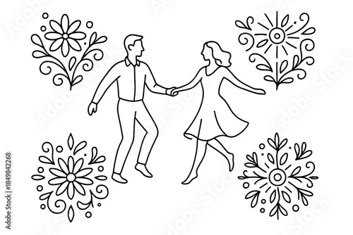 Elegant Dance Patterns. "Radiant decorative folk patterns encircling dancers". Minimalistic one-line drawing