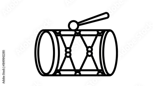 A simple line art illustration of a traditional drum with a drumstick, depicted in black and white.