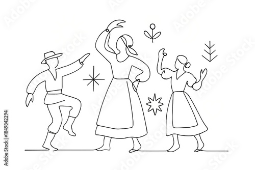 Folk Dance Elegance. "Traditional performance surrounded by glowing folk symbols". Minimalistic one-line