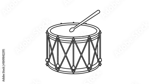 Black and white line art drawing of a drum with a drumstick resting on its top head, depicting a musical instrument.