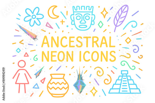 Ancestral Neon Icons. Ancestral neon icons. Hand-drawn doodle illustration of Ancestral neon icons. Cultural