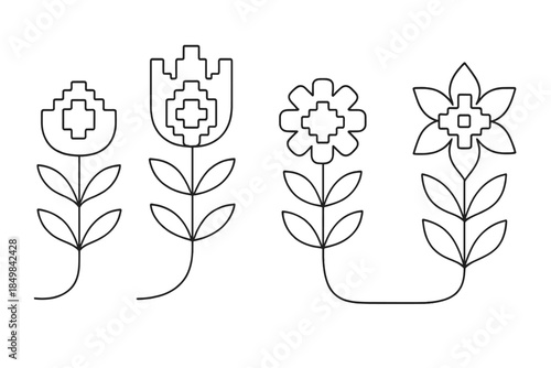 Pixel Folk Flowers. "Pixel-crafted folk flowers with radiant gradients". Minimalistic one-line drawing [of
