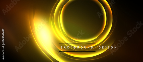 Golden light swirls create abstract circular design. Dark background emphasizes radiant glow, perfect for banners or presentations.