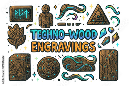 Techno-Wood Art. Techno-wood engravings. Hand-drawn doodle illustration of Techno-wood engravings. Carved