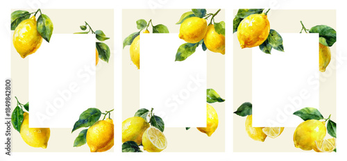 Italian lemon branch frame with Mediterranean citrus pattern, Amalfi Coast retro poster design, summer postcard with ornamental border and classic Italy illustration