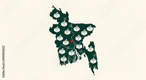 Map of Bangladesh with polling stations and checkmarks showing election voting or referendum results