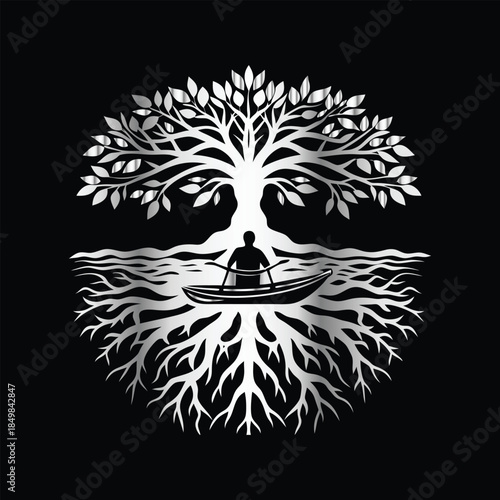 Adventure kayaking logo design.Vector illustration on black background.
Adventure kayaking logo design.kayak on the lake, mountains silhouette in the circle, vector illustration
