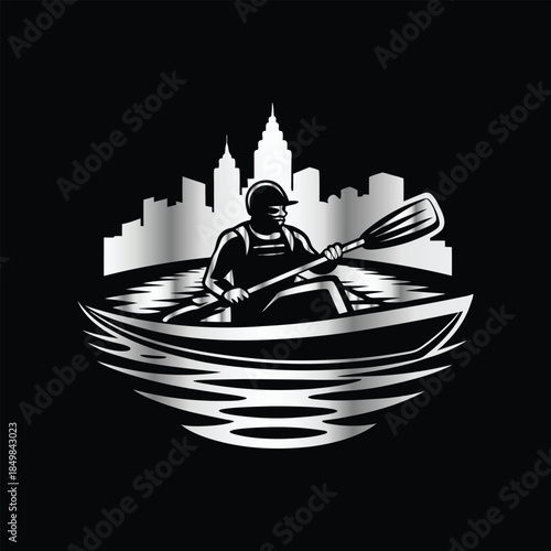 Adventure kayaking logo design.Vector illustration on black background.
Adventure kayaking logo design.kayak on the lake, mountains silhouette in the circle, vector illustration
