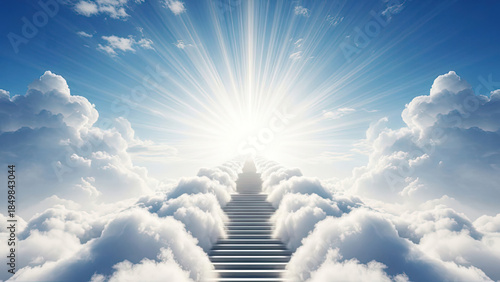 Stairway to heaven with bright light and fluffy clouds