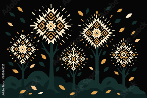 Geometric Grove Blooms. Ancestral grove. Trees bloom with radiant geometric motifs, their leaves flickering