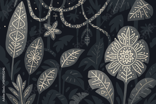 Futuristic Jungle Tapestry. Folk-coded jungle. Vines and giant leaves carry glowing ethnic linework, creating