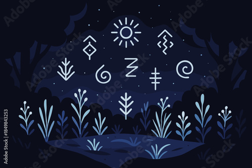 Star-lit Ritual Clearing. Star-lit ritual clearing. A clearing in the forest is illuminated by floating ethnic