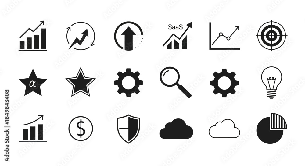 Fototapeta premium Collection of business and technology icons isolated on white background representing various