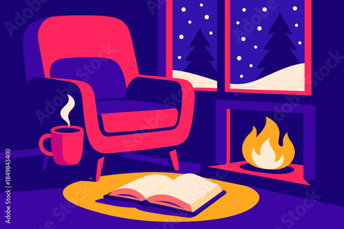Cozy Fireside Retreat. Snowy-day escape. A cozy armchair, steaming mug, and open book glow in firelight, snowy
