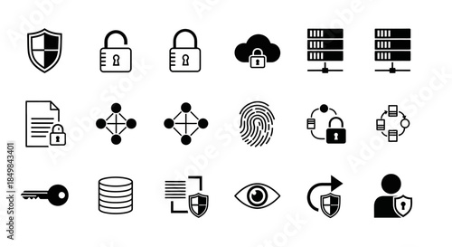 Collection of data security and cybersecurity icons representing digital protection and privacy
